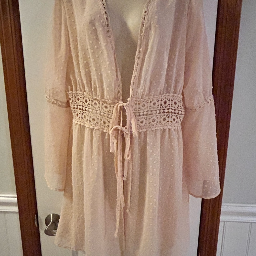 K26. AOLRO Women Swiss Dot Chiffon Coverup Long Bell Sleeve/Cardigan/Kimono - Picture 3 of 9